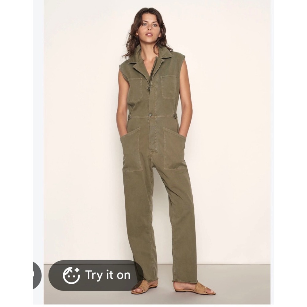 Frame Denim Sleeveless Flight Suit Army Green Utility Jumpsuit Raw Hem XS/S